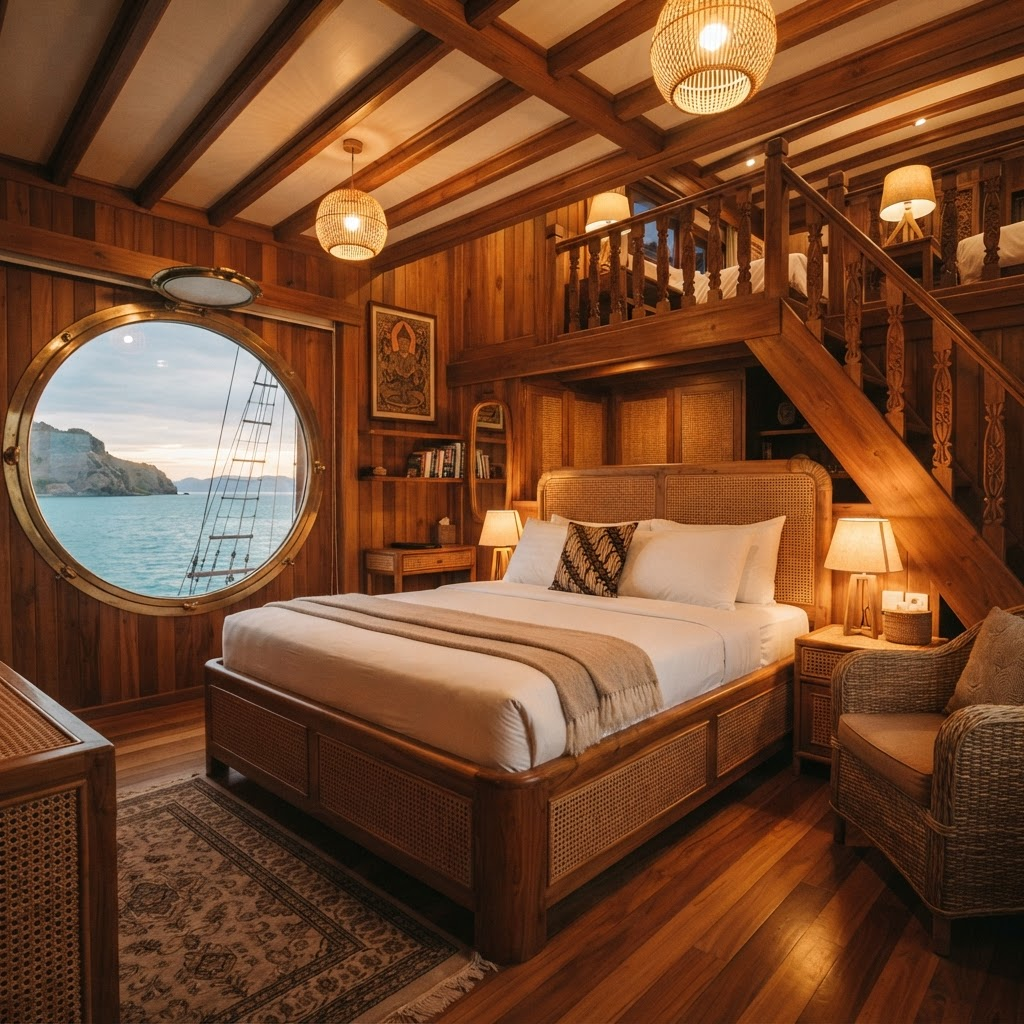 Double deck cabin with a large bed and rattan detailing