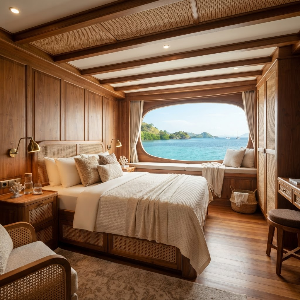 Master cabin with a queen bed, timber panelling and a large sea-view window