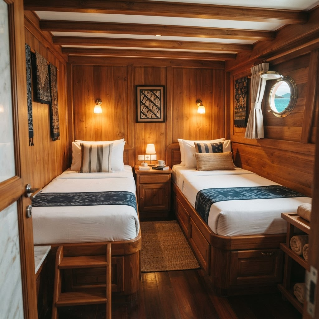 Twin cabin with two single beds and warm reading lights