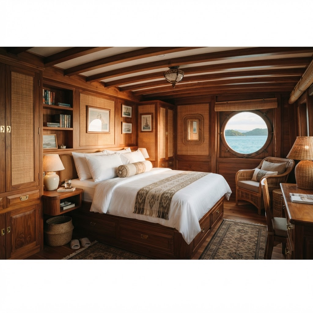 Warm interior of the master cabin with morning light